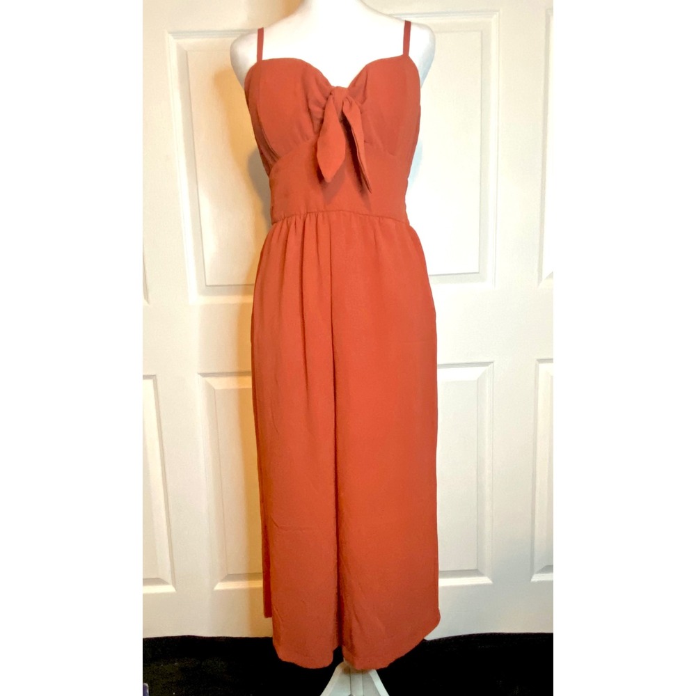 Lily Rose Rust Orange Tie Front Wide Leg Jumpsuit Sleeveless Smocked Back Large